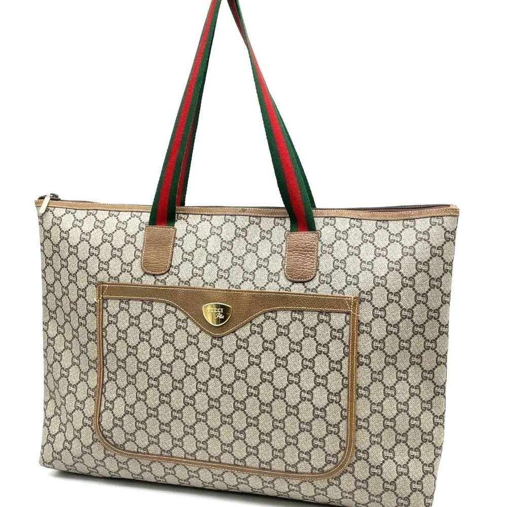 Auth Gucci GG Plus Beige Sherry Line PVC x Leather Brown Tote Bag
